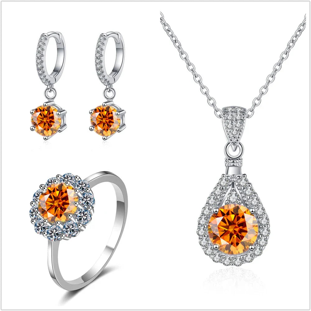 Moissanite Jewelry Set 925 Sterling Silver Ring Earring Pendant Necklace Bridal orange silver