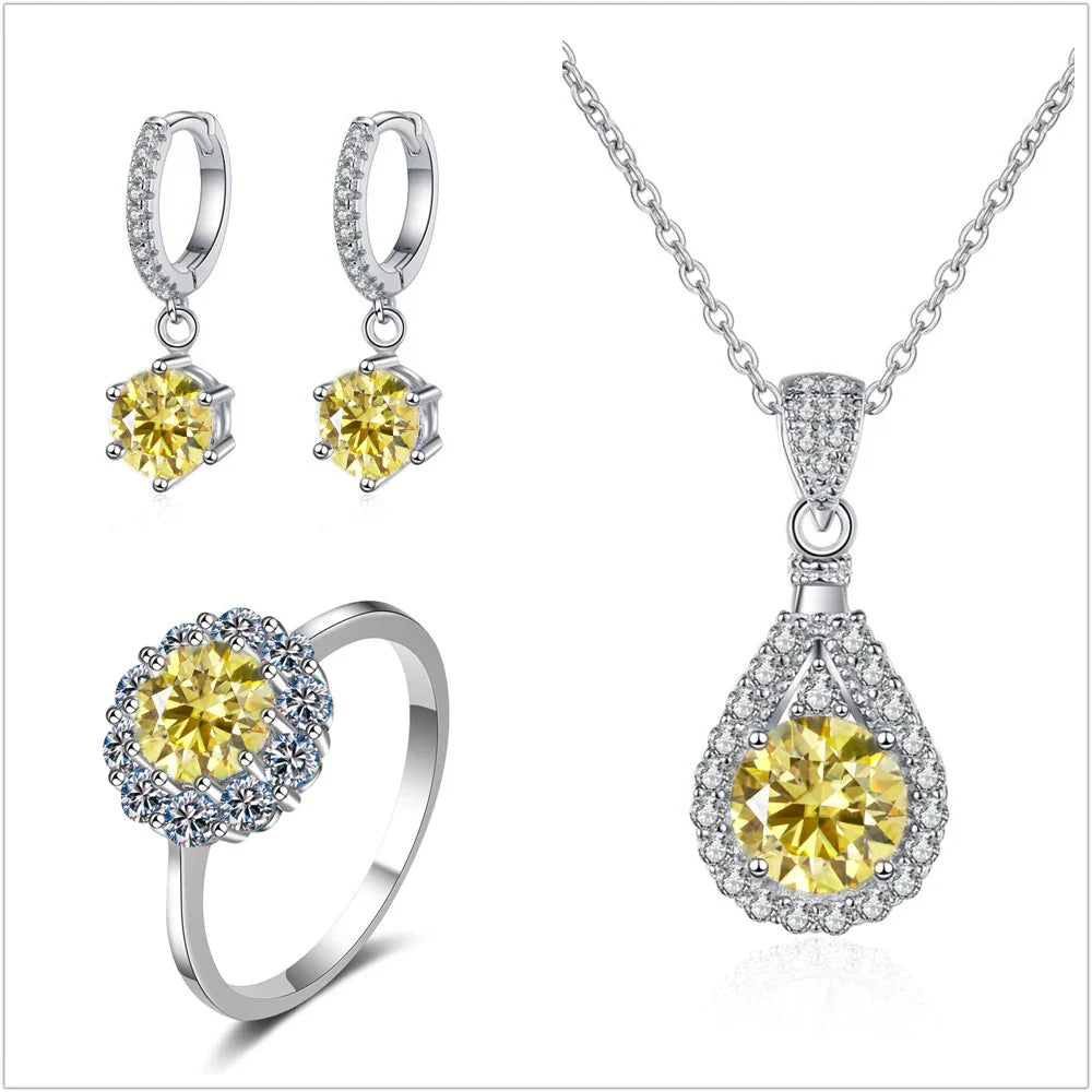 Moissanite Jewelry Set 925 Sterling Silver Ring Earring Pendant Necklace Bridal lemon yellow silver