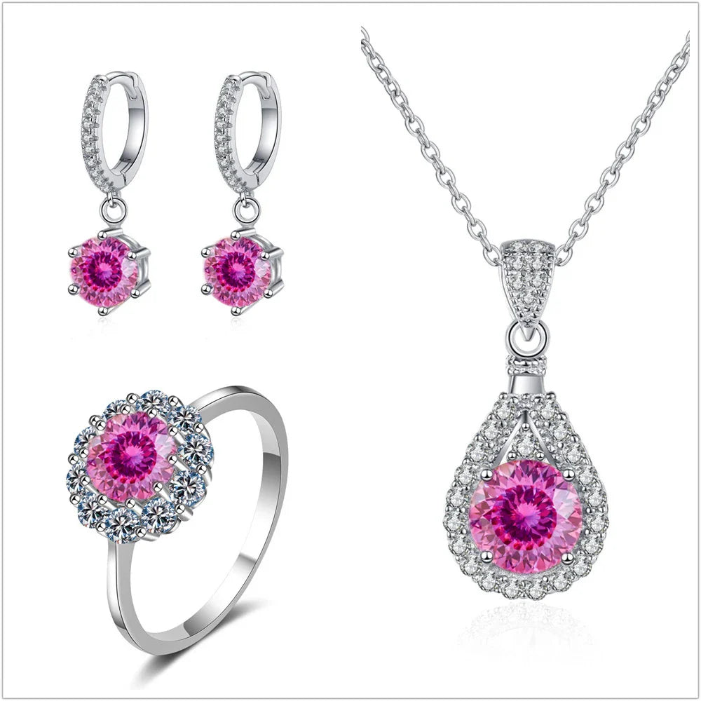 Moissanite Jewelry Set 925 Sterling Silver Ring Earring Pendant Necklace Bridal Pink lovecut silver