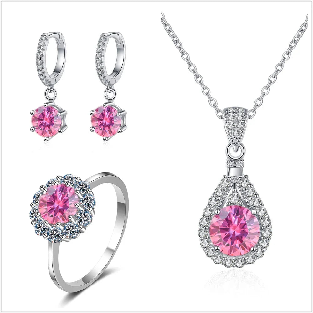 Moissanite Jewelry Set 925 Sterling Silver Ring Earring Pendant Necklace Bridal pink silver