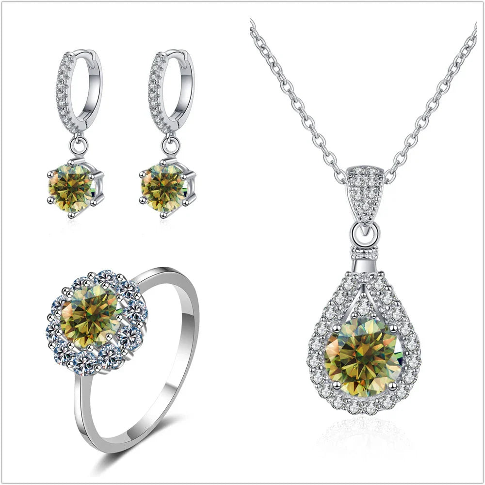 Moissanite Jewelry Set 925 Sterling Silver Ring Earring Pendant Necklace Bridal yellow green silver