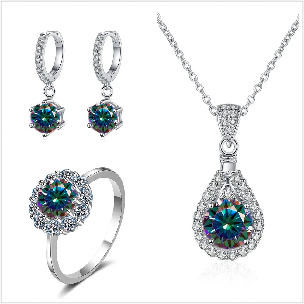 Moissanite Jewelry Set 925 Sterling Silver Ring Earring Pendant Necklace Bridal rainbow silver