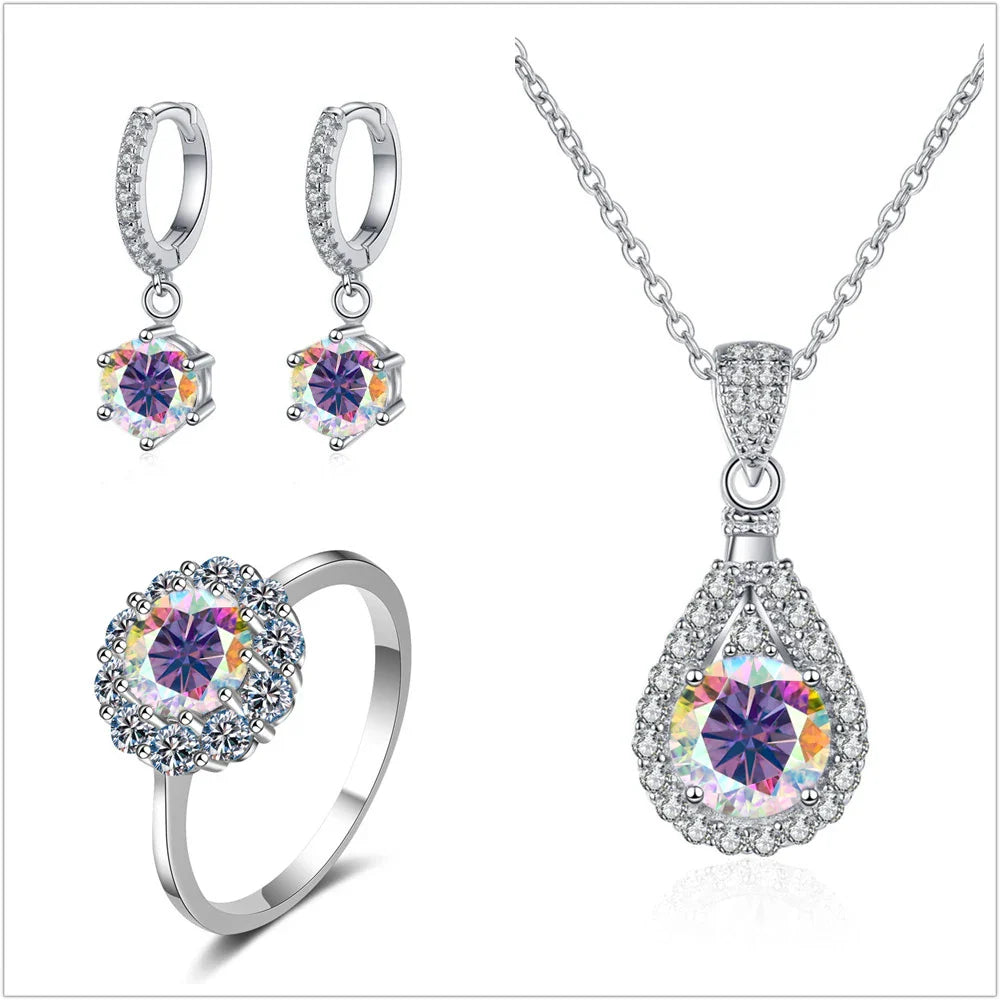 Moissanite Jewelry Set 925 Sterling Silver Ring Earring Pendant Necklace Bridal purple multicolor silver