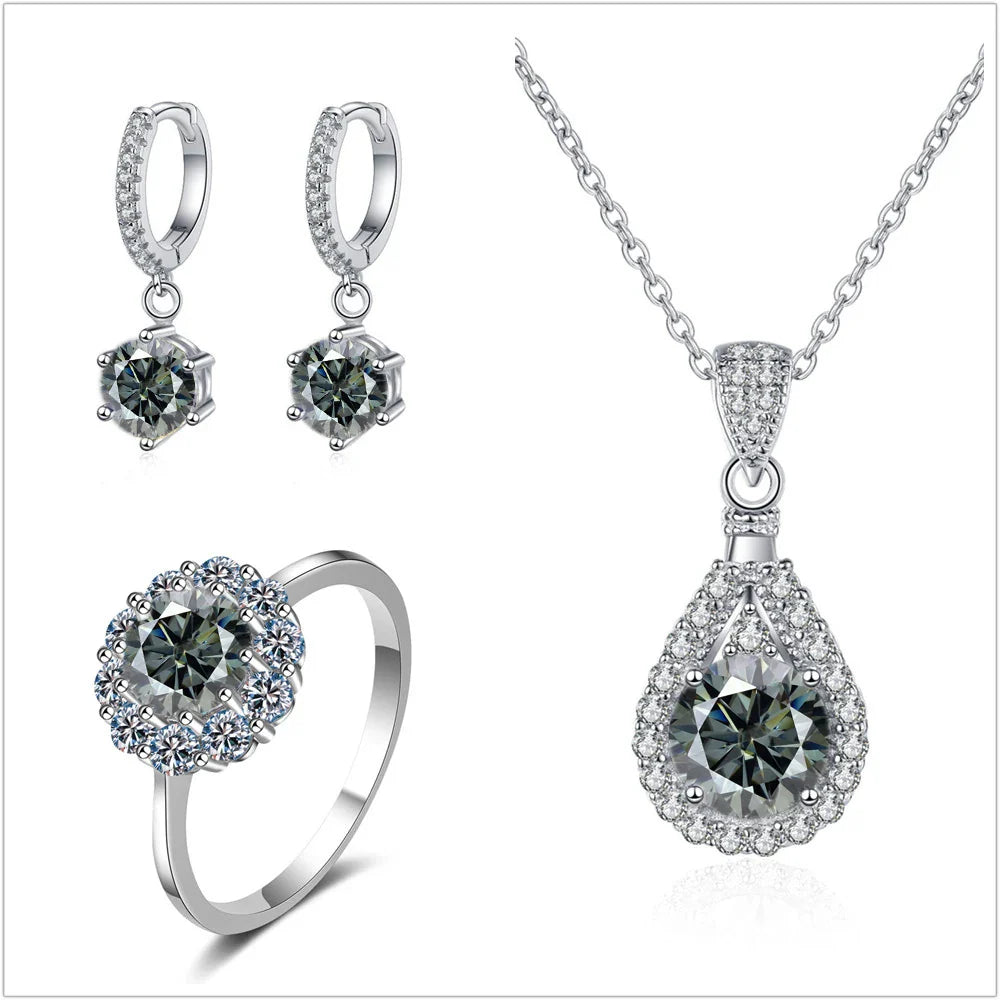 Moissanite Jewelry Set 925 Sterling Silver Ring Earring Pendant Necklace Bridal gray silver