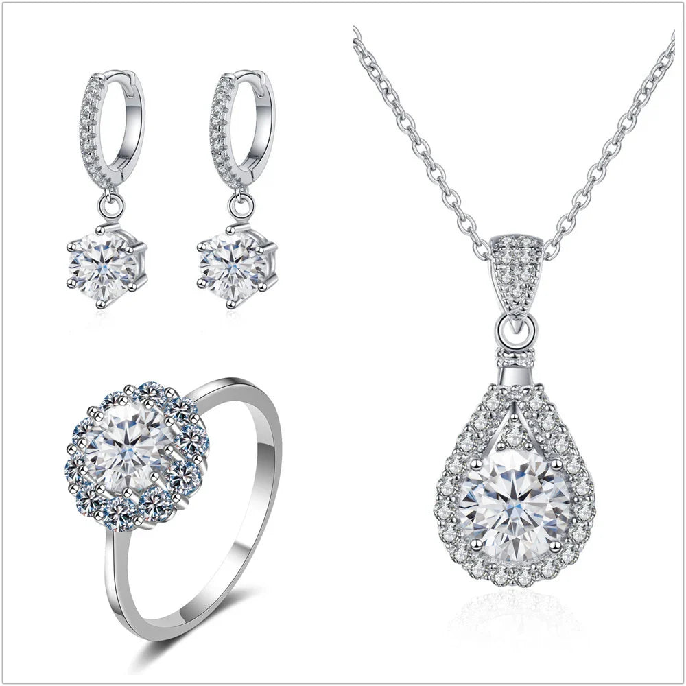 Moissanite Jewelry Set 925 Sterling Silver Ring Earring Pendant Necklace Bridal white silver