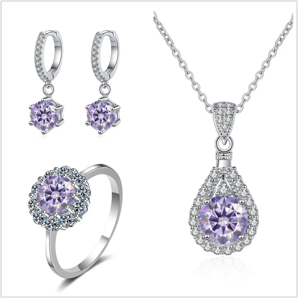 Moissanite Jewelry Set 925 Sterling Silver Ring Earring Pendant Necklace Bridal light purple silver
