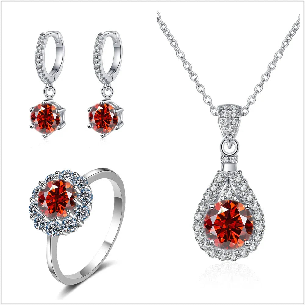 Moissanite Jewelry Set 925 Sterling Silver Ring Earring Pendant Necklace Bridal red silver