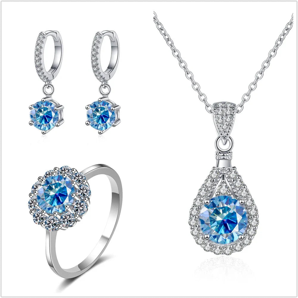 Moissanite Jewelry Set 925 Sterling Silver Ring Earring Pendant Necklace Bridal royal blue silver