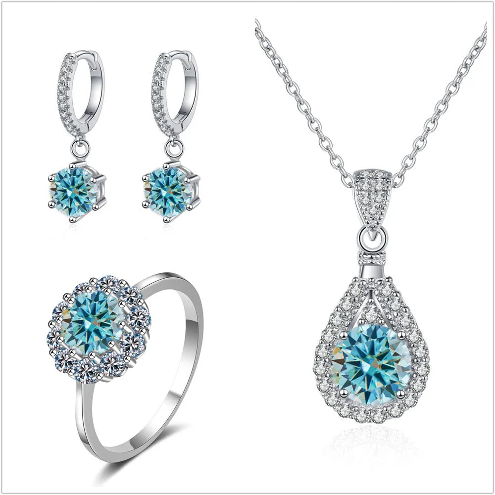 Moissanite Jewelry Set 925 Sterling Silver Ring Earring Pendant Necklace Bridal blue silver