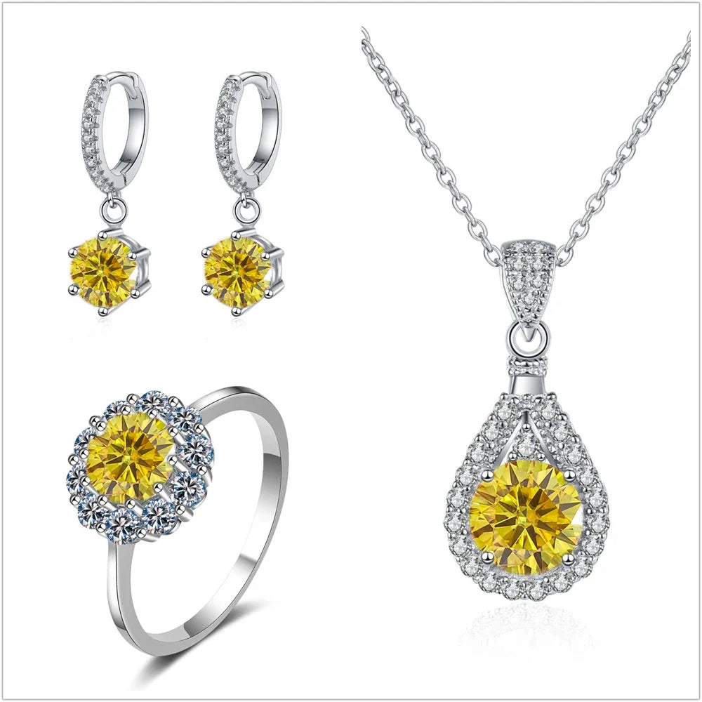 Moissanite Jewelry Set 925 Sterling Silver Ring Earring Pendant Necklace Bridal gold yellow silver