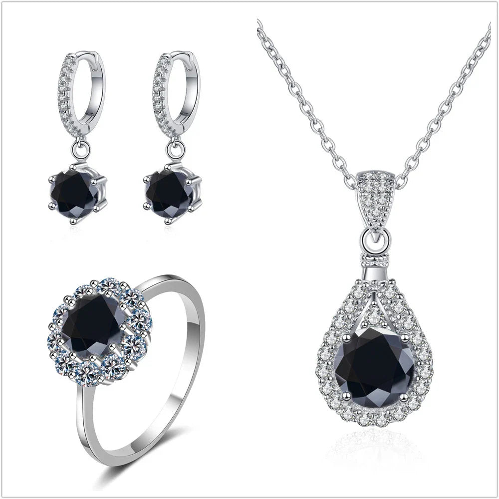 Moissanite Jewelry Set 925 Sterling Silver Ring Earring Pendant Necklace Bridal black silver