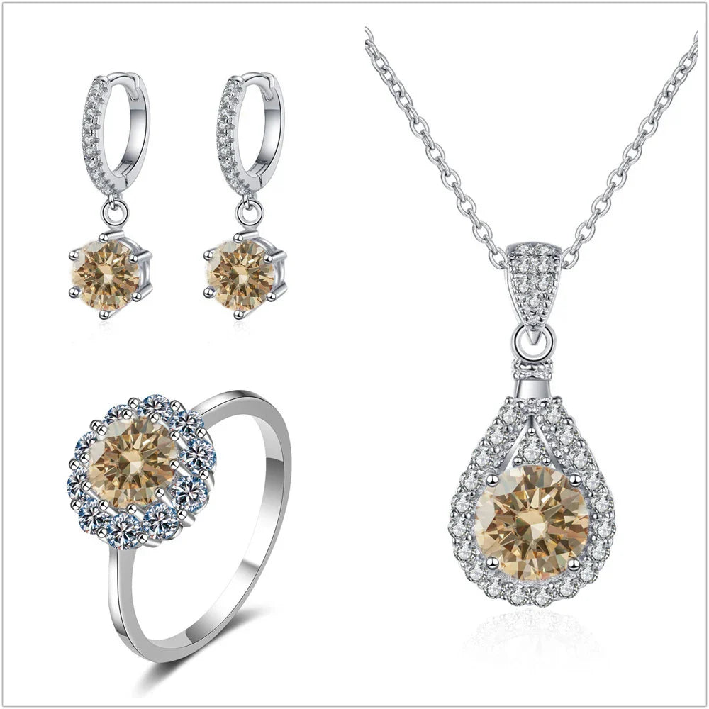 Moissanite Jewelry Set 925 Sterling Silver Ring Earring Pendant Necklace Bridal light yellow silver