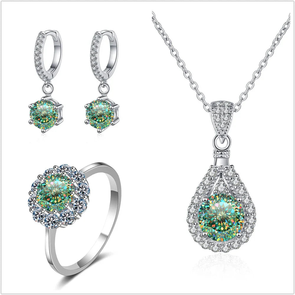Moissanite Jewelry Set 925 Sterling Silver Ring Earring Pendant Necklace Bridal blue green lovecut silver