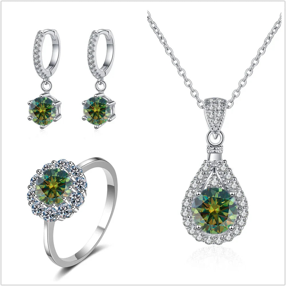 Moissanite Jewelry Set 925 Sterling Silver Ring Earring Pendant Necklace Bridal dark green silver