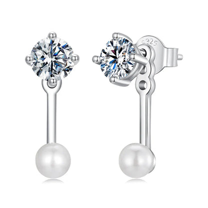 Moissanite Pearl Stud Earrings 925 Sterling Silver Lab Diamond CZ Bridal Gift pearl drop stud