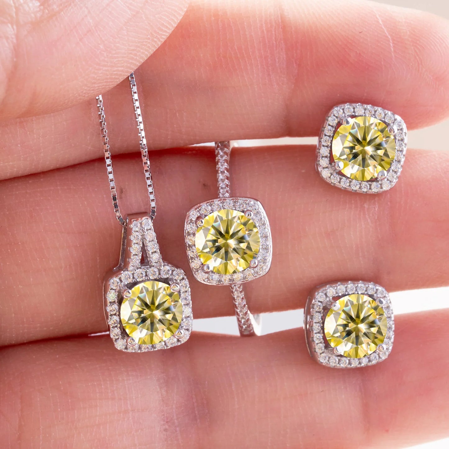 Moissanite D Color Round Cut 925 Sterling Silver Pendant Necklace and Studs Set lemon yellow