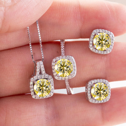 Moissanite D Color Round Cut 925 Sterling Silver Pendant Necklace and Studs Set lemon yellow
