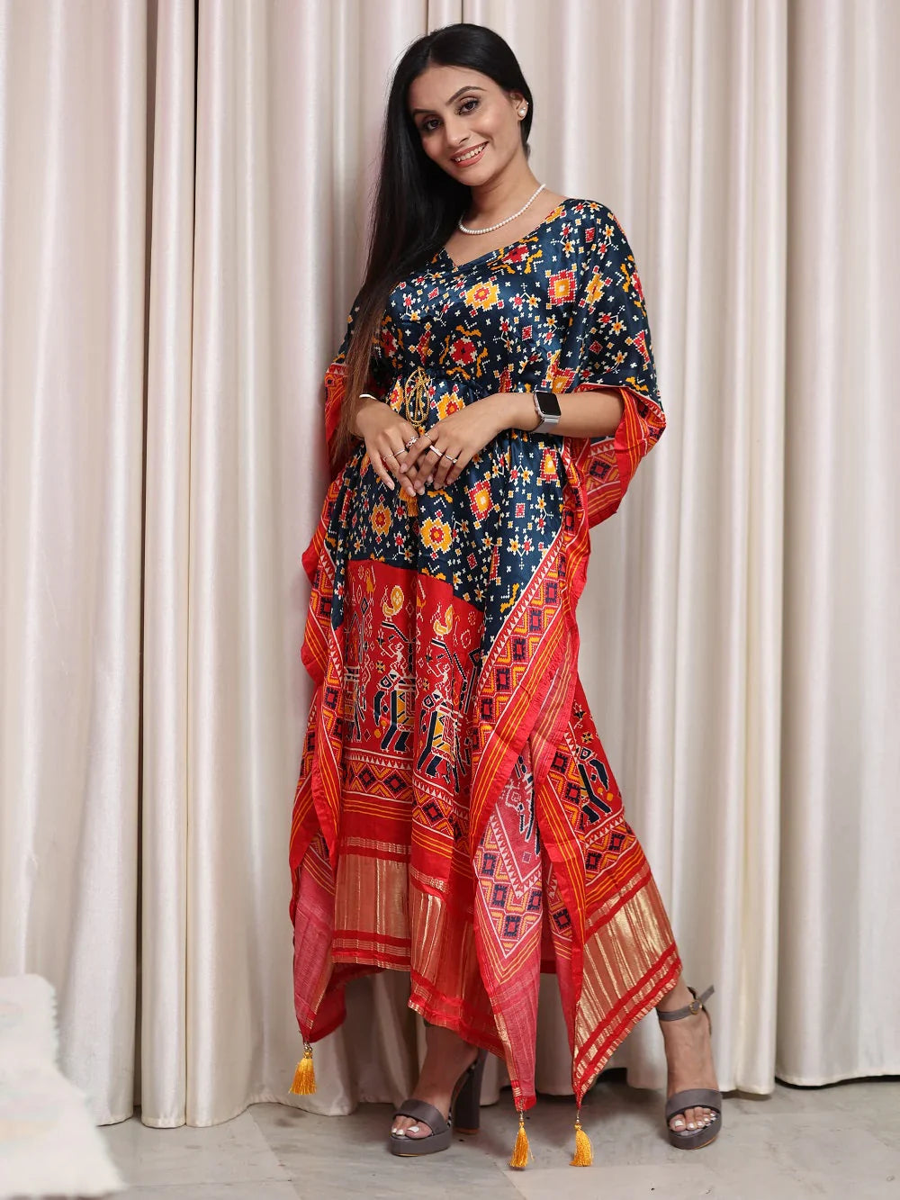 Blue and Orange Red Pure Gaji Silk Bandhej Print Kaftan with Marodi Work-Inspired Elephants & Zari Accents