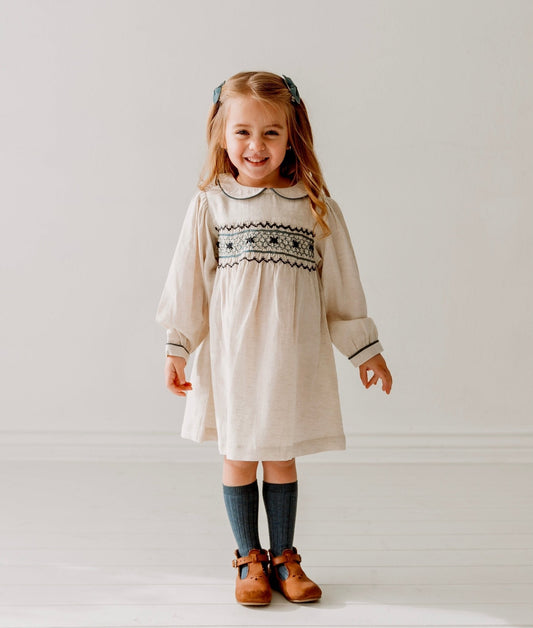 Natural Linen Blend Hand Smocked Girl's Dress