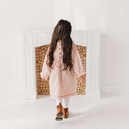Pink Ditsy Floral Corduroy Dress | Girls’ Lace Trim Autumn Dress
