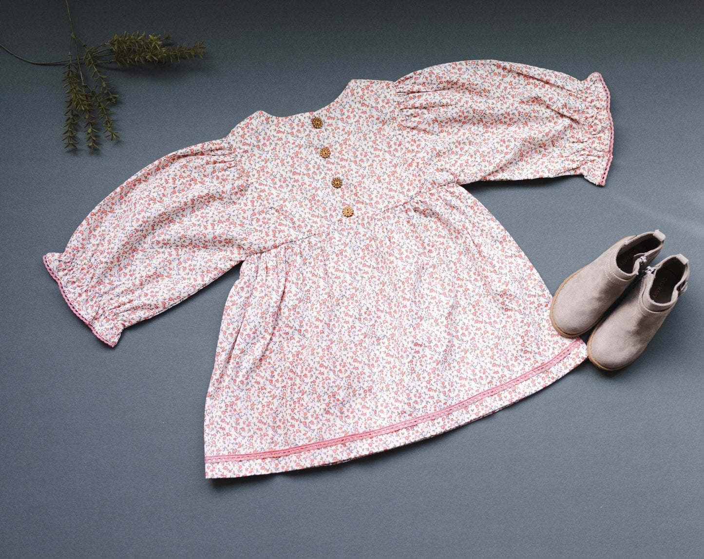 Pink Ditsy Floral Corduroy Dress | Girls’ Lace Trim Autumn Dress