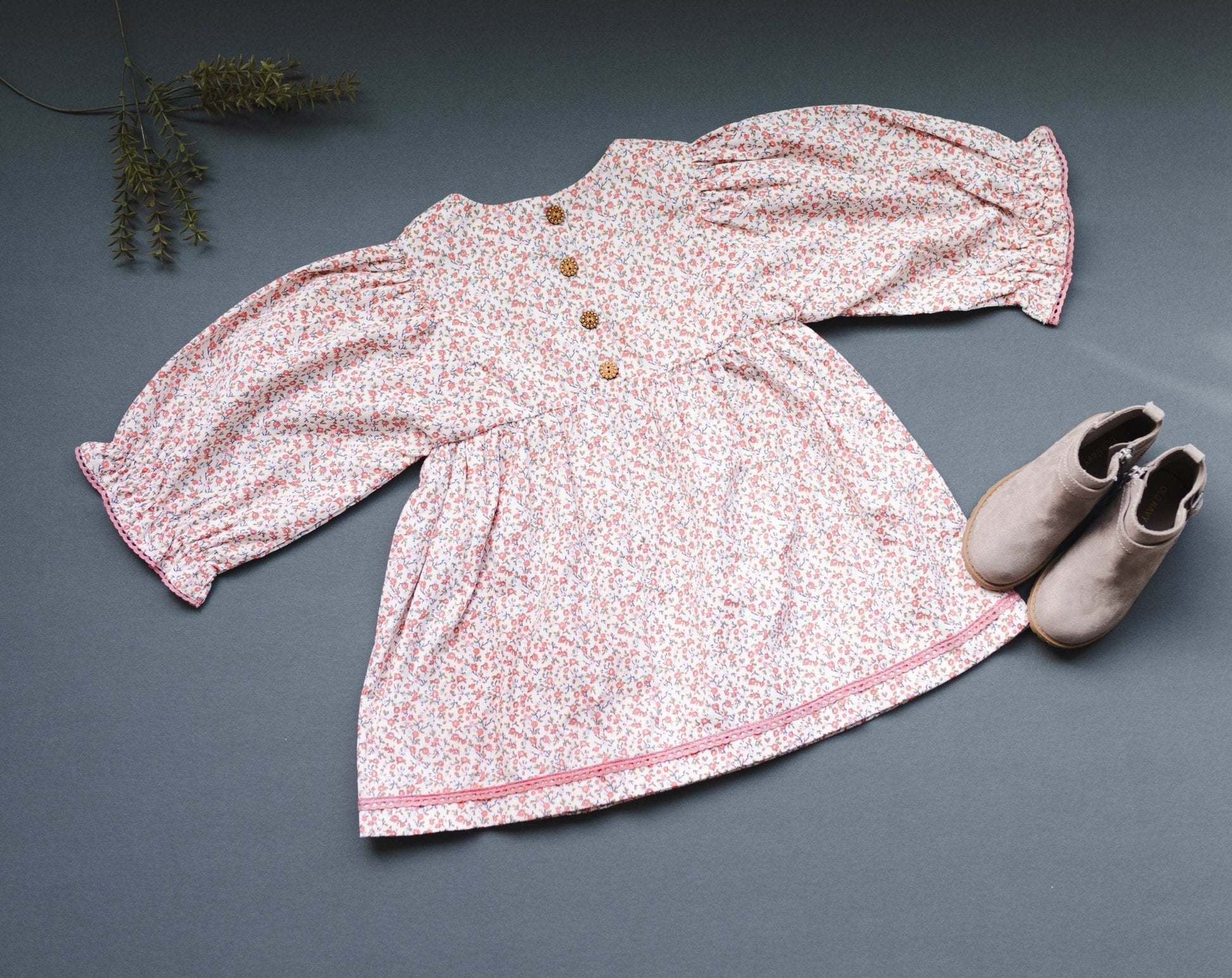Pink Ditsy Floral Corduroy Dress | Girls’ Lace Trim Autumn Dress