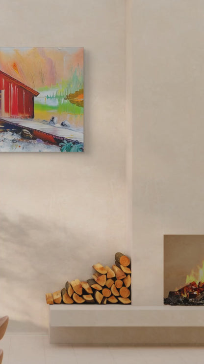 Vibrant Canvas Art Print, Colorful Wall Decor, Rustic Cabin Artwork, Home Decor, Gift for Art Lovers, Nature Scene