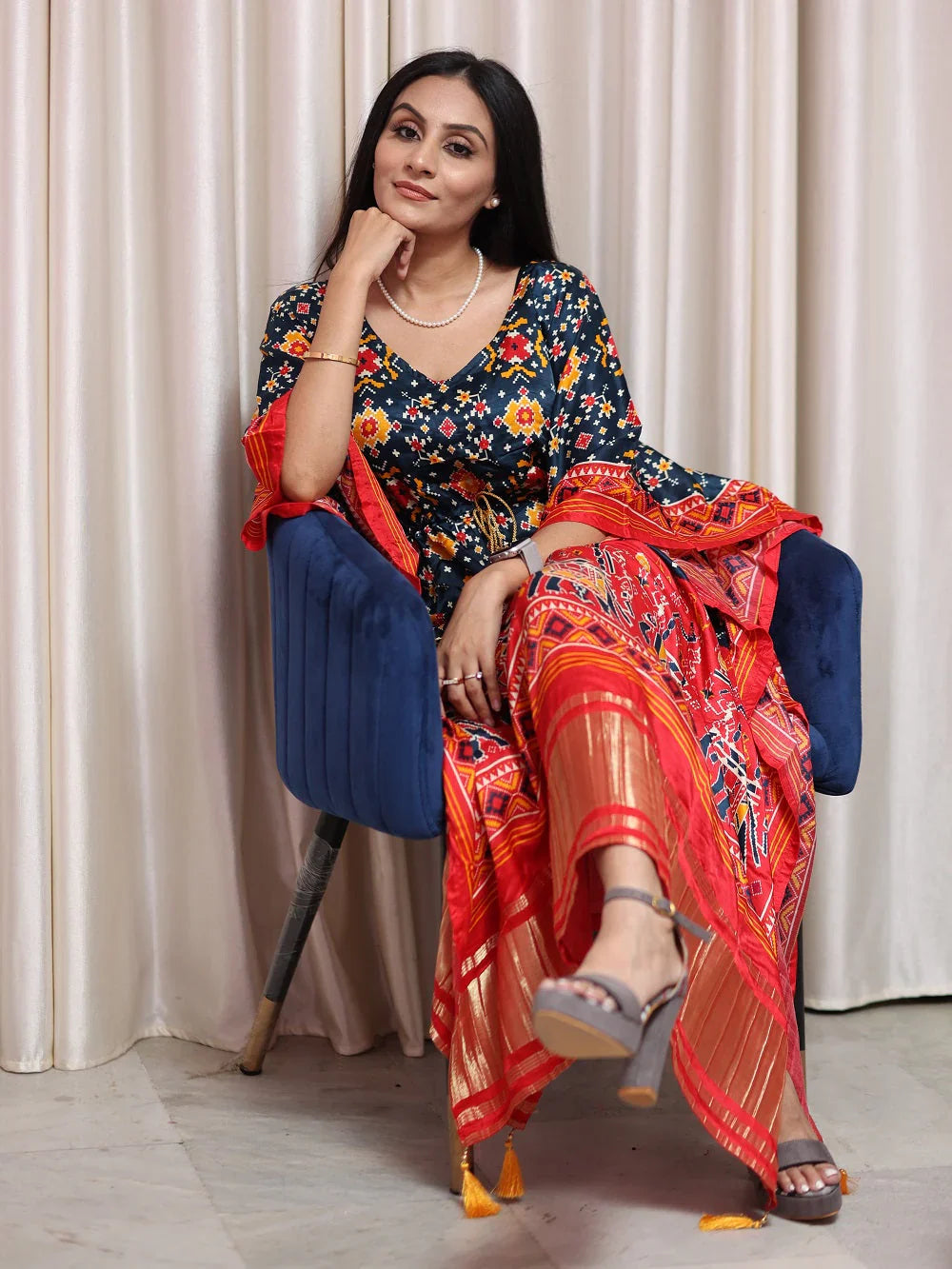 Blue and Orange Red Pure Gaji Silk Bandhej Print Kaftan with Marodi Work-Inspired Elephants & Zari Accents