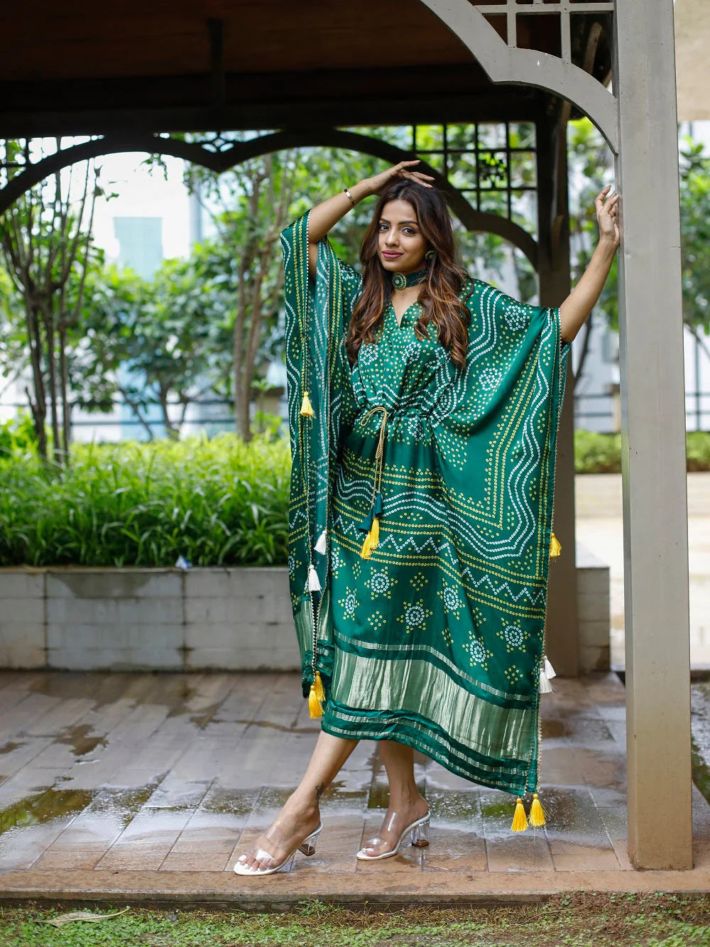 Elegant Green Bandhej Print Pure Gaji Silk Kaftan with Golden Patta