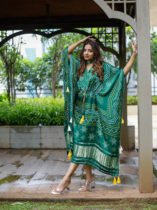 Elegant Green Bandhej Print Pure Gaji Silk Kaftan with Golden Patta
