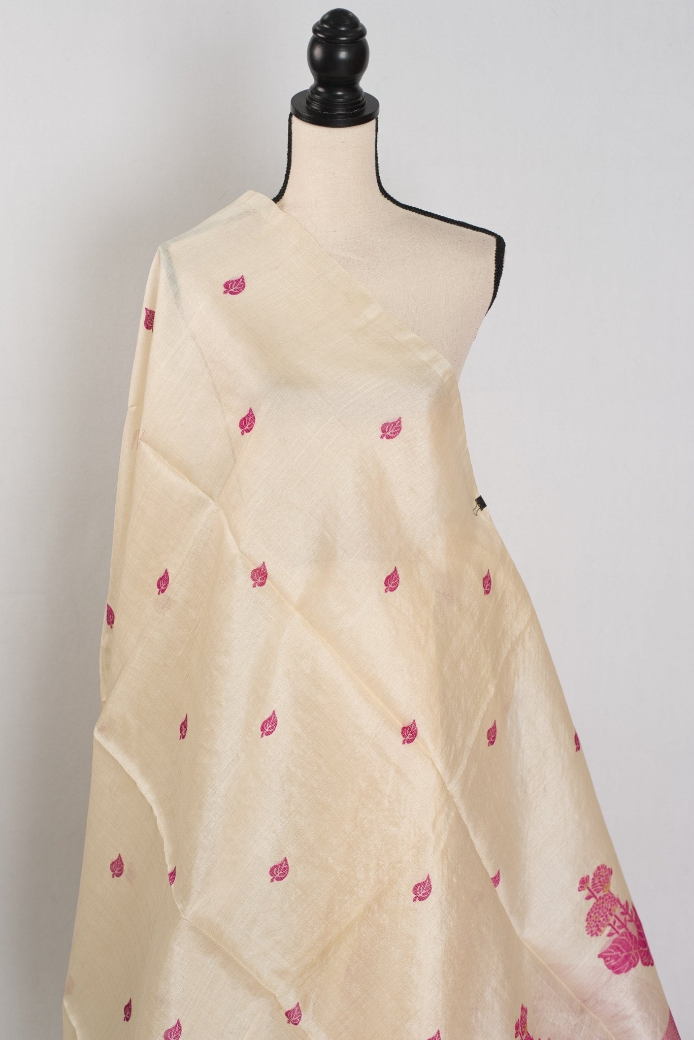 Renu: Cream & Pink Bengal Tussar Silk Saree | Silk Mark Certified