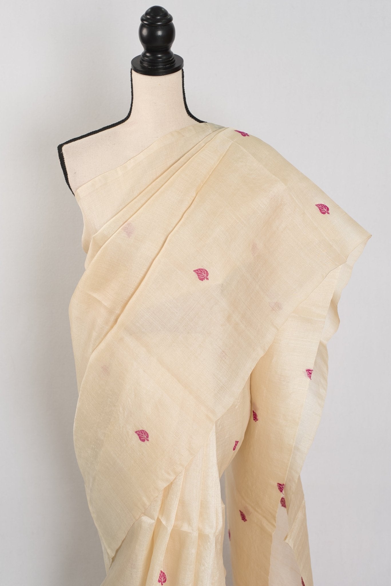 Renu: Cream & Pink Bengal Tussar Silk Saree | Silk Mark Certified
