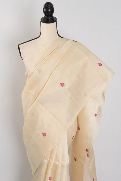 Renu: Cream & Pink Bengal Tussar Silk Saree | Silk Mark Certified