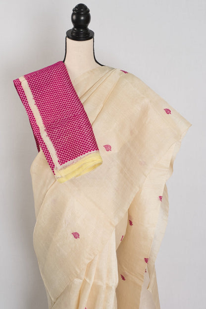 Renu: Cream & Pink Bengal Tussar Silk Saree | Silk Mark Certified