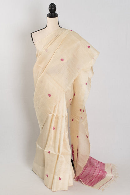 Renu: Cream & Pink Bengal Tussar Silk Saree | Silk Mark Certified