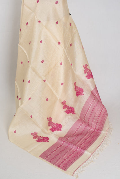 Renu: Cream & Pink Bengal Tussar Silk Saree | Silk Mark Certified