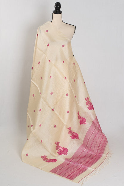 Renu: Cream & Pink Bengal Tussar Silk Saree | Silk Mark Certified