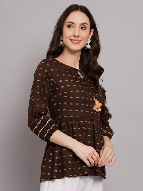Coffee Brown Printed Rayon Peplum Top