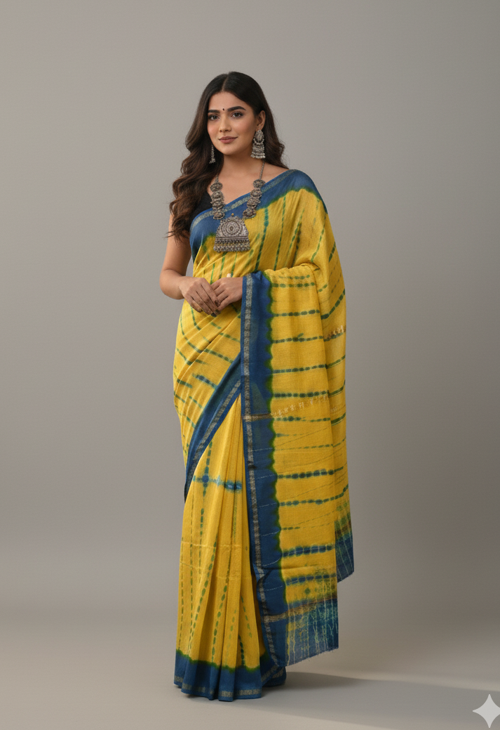 Handcrafted Yellow & Blue Pure Chanderi Silk Cotton Tie-Dye Saree