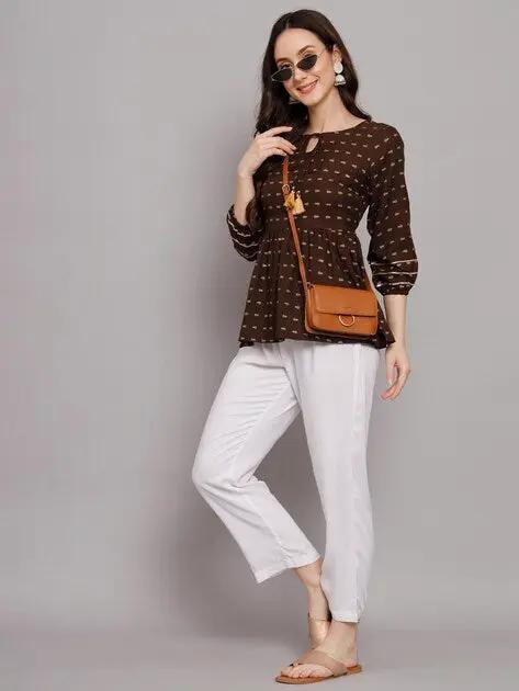 Coffee Brown Printed Rayon Peplum Top