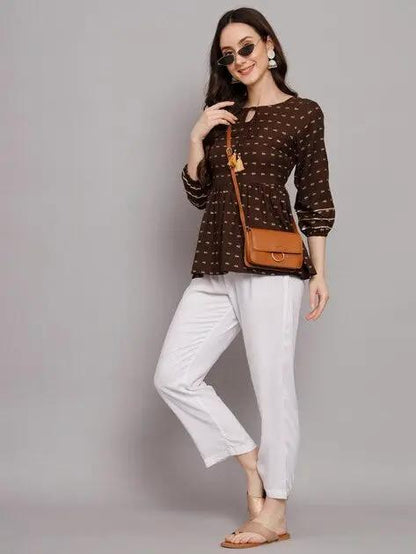 Coffee Brown Printed Rayon Peplum Top