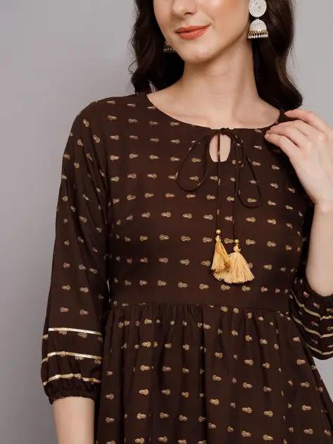 Coffee Brown Printed Rayon Peplum Top