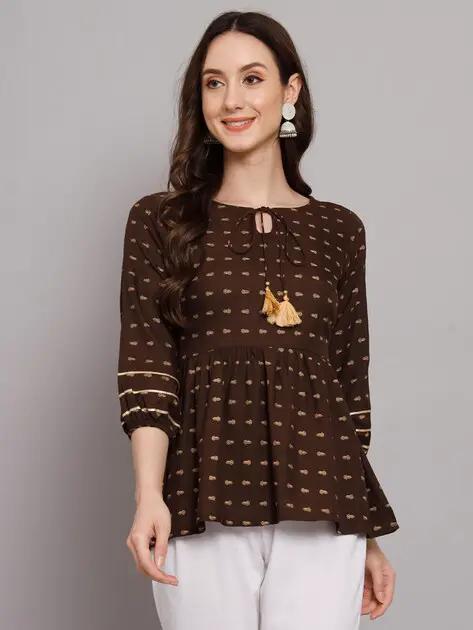 Coffee Brown Printed Rayon Peplum Top