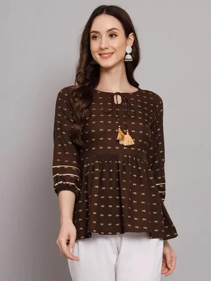 Coffee Brown Printed Rayon Peplum Top