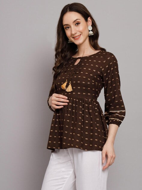 Coffee Brown Printed Rayon Peplum Top