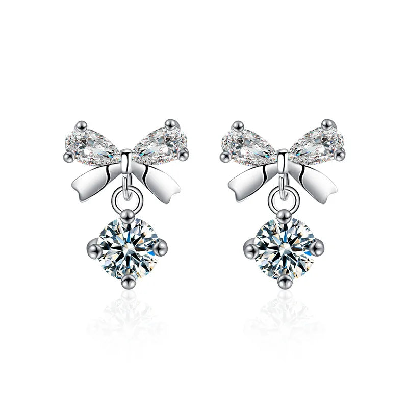 S925 Sterling Silver Moissanite Stud Earrings 0.5ct×2 Bow Fringe Dangle Women 0.3ct each