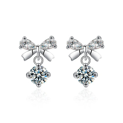 S925 Sterling Silver Moissanite Stud Earrings 0.5ct×2 Bow Fringe Dangle Women 0.3ct each