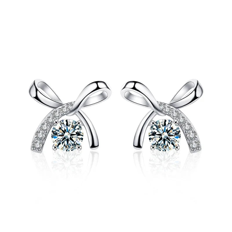 S925 Sterling Silver Moissanite Stud Earrings 0.5ct×2 Bow Fringe Dangle Women 0.1ct each