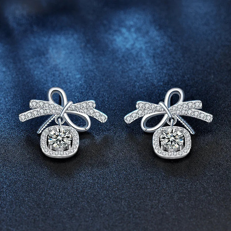 S925 Sterling Silver Moissanite Stud Earrings 0.5ct×2 Bow Fringe Dangle Women