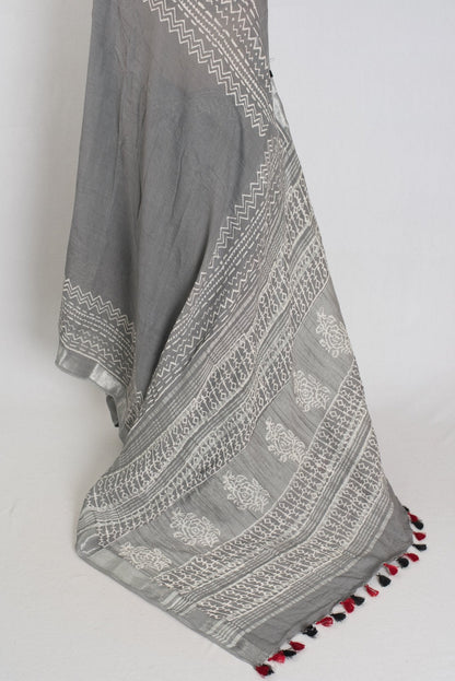 Snigdha: Grey and Silver Hand Block Printed Saree | Soft Linen Cotton